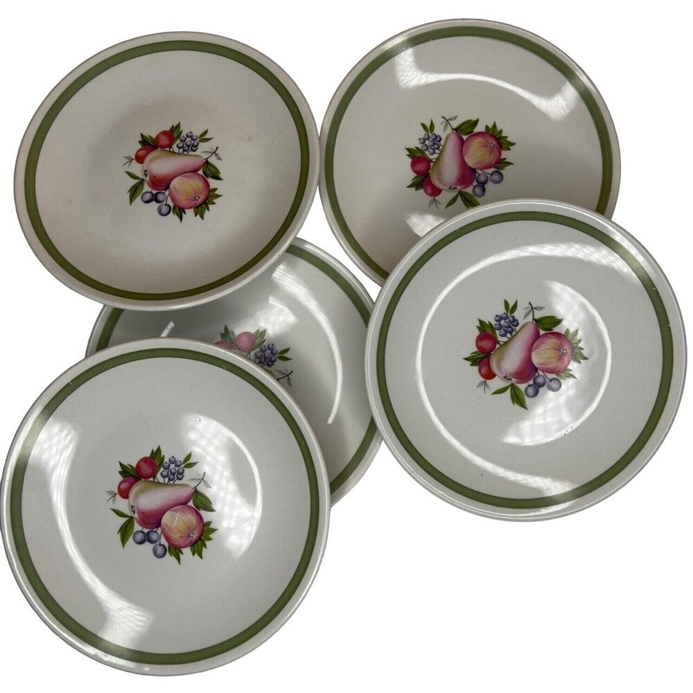 Vintage Set 5 Ridgway Pottery Fruit Plates Evesham England Green Border Dessert